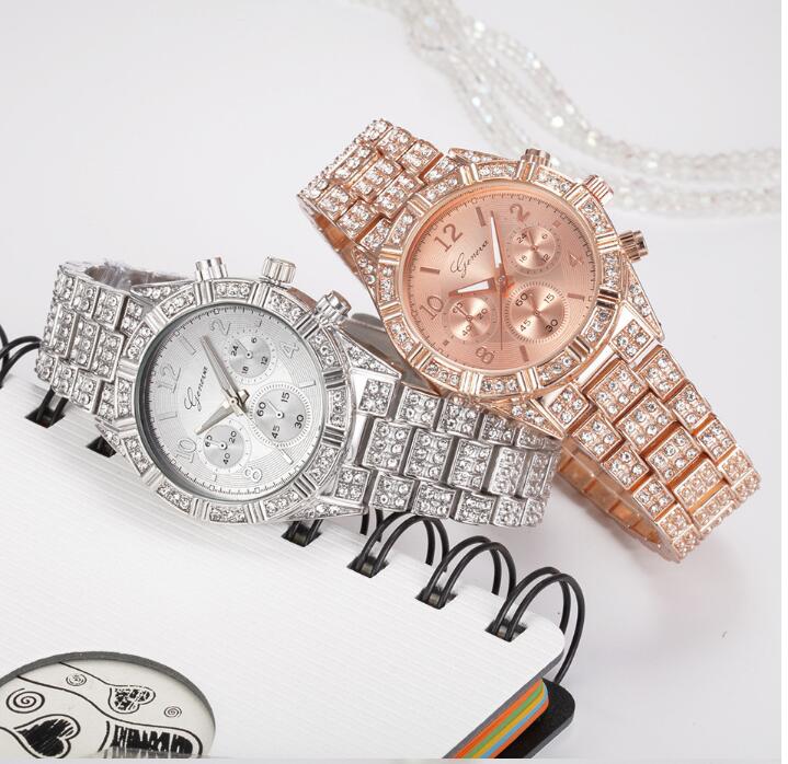 Montre de luxe Genève en acier inoxydable avec cristal quartz pour femmes
