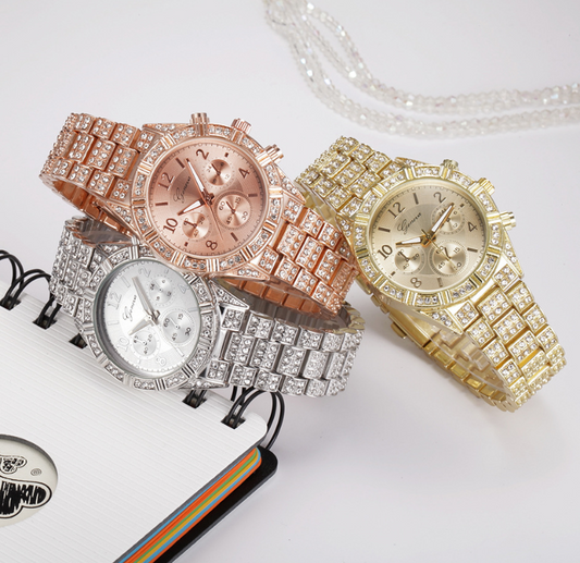 Montre de luxe Genève en acier inoxydable avec cristal quartz pour femmes