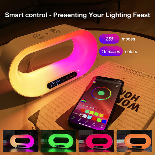 Chargeur sans fil Bluetooth avec petite lampe de nuit intégrée.